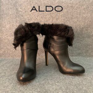 Aldo Women's Black Leather Pull Up Bootie Faux Fur Side Buckle Strap Ankle Boots
